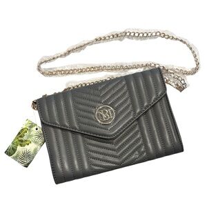 Badgley Mischka Quilted Chevron Grey Gold Chain Crossbody Bag